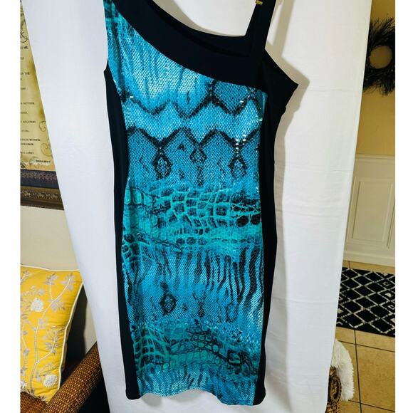 Frank Lyman Tourqoise Snake Print Sequins Gold Detail BodyCon Fitted Dress Sz 10 - Picture 7 of 13